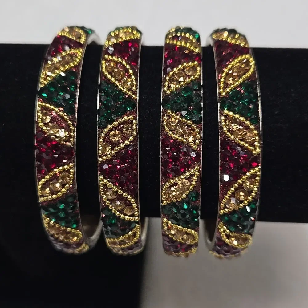 Set Of 4 Gold, Green & Red Bangles